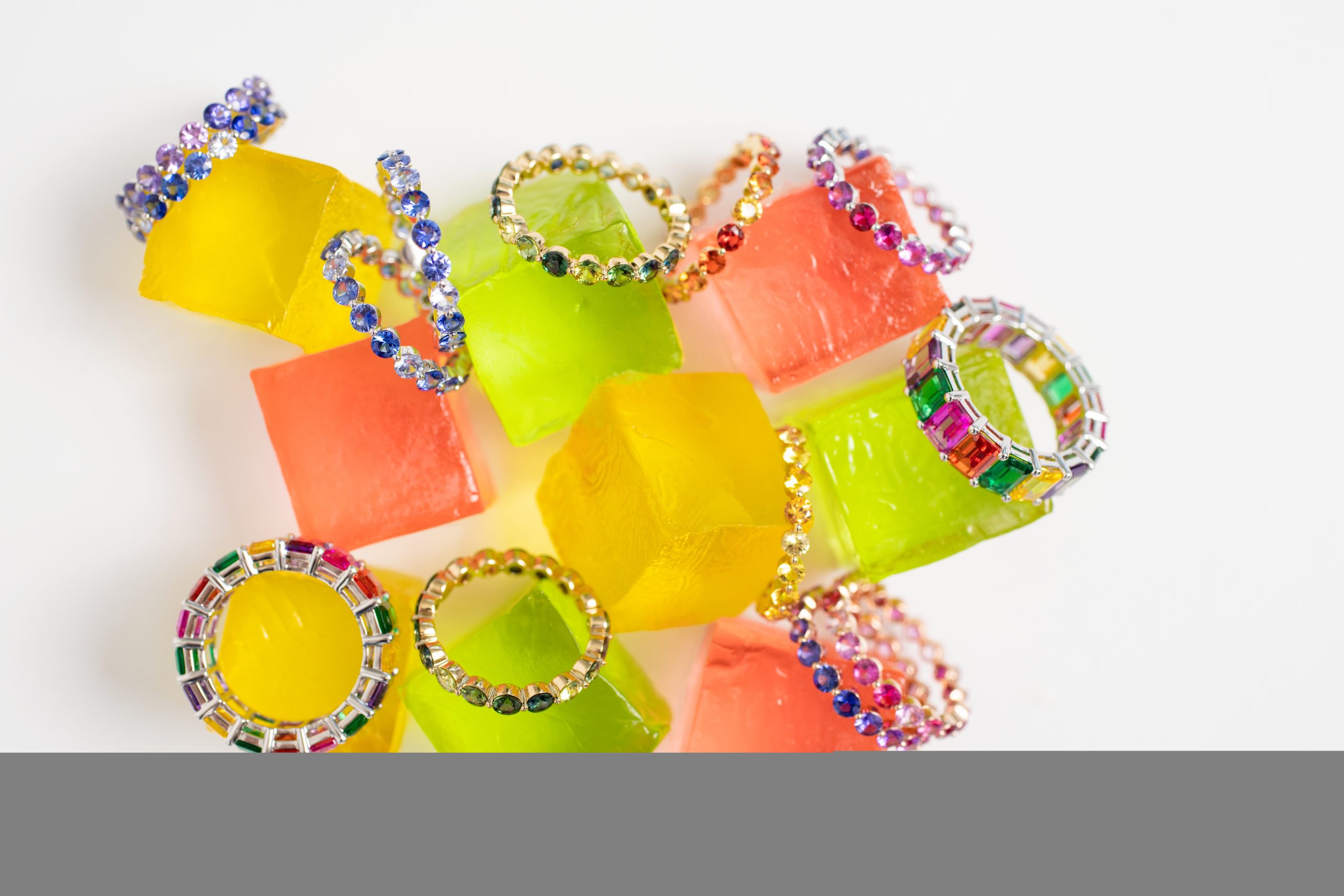 Colorful moissanite rings displayed at Myranda Fine Jewelry Chandler AZ